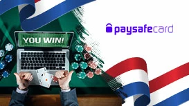 paysafecard-logo, pokerfiches, laptop en de Nederlandse vlag