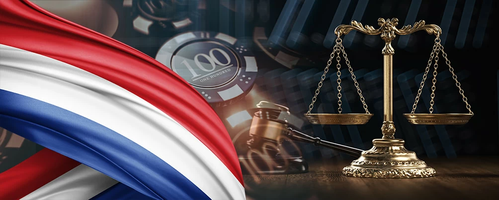 Casino Chips, de voorzittershamer van de rechter en de Nederlandse vlag