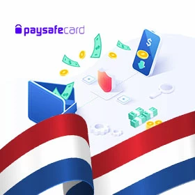 paysafecard logo, transferred money from a wallet to a phone, and the Netherlands flag