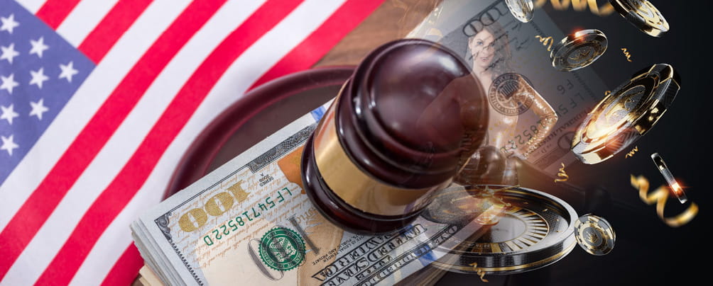 A judges gavel on a stack of $100 bills, a roulette wheel with falling poker chips with an American flag and a female live dealer in the background