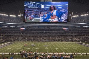 AT&T Stadium which is the home-field of the Dallas Cowboys with their “star” logo at mid-field and “COWBOYS” painted in the end zones. The jumbotron above the field is the largest in the NFL and features on of the Cowboys’ famous cheerleaders.