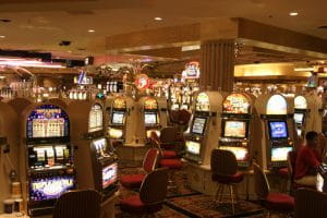 Inside a Las Vegas casino with Slot machines.