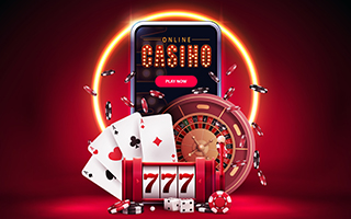 Online Casino collage of a mobile phone, cards, and roulette