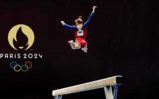 An image of aesthetics woman gymnast and the 2024 Paris Olympics logo