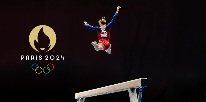 An image of aesthetics woman gymnast and the 2024 Paris Olympics logo